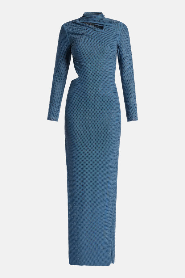 Rhinestone Neck Cut Out Evening Dress in Blue