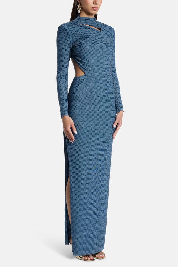 Rhinestone Neck Cut Out Evening Dress in Blue