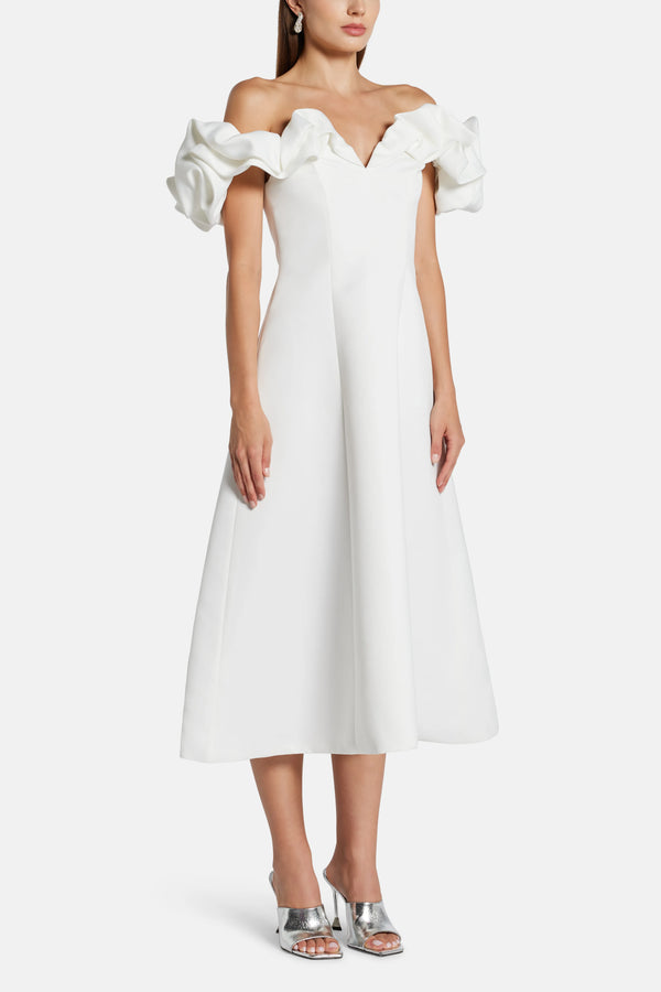 Annie Off Shoulder Frill Midi Dress in White