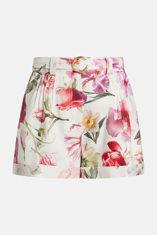 Fleur Patterened Linen Shorts in White and Pink