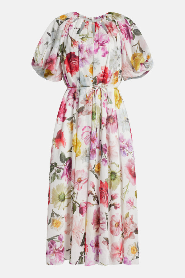 Fleur Patterned Linen Midi Dress in White and Pink