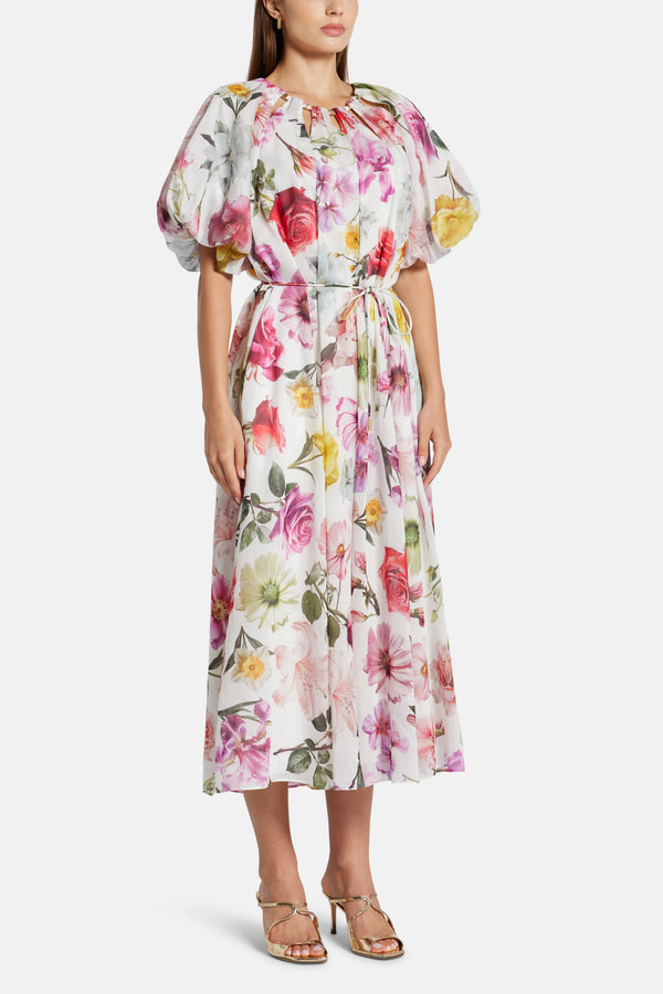Fleur Patterned Linen Midi Dress in White and Pink