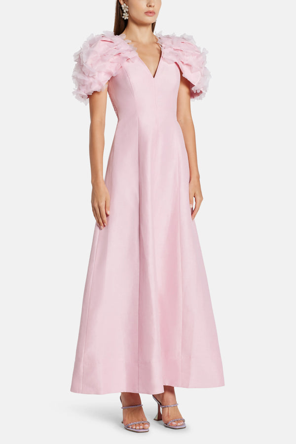 Muse Puffed Sleeve Linen Maxi Dress in Pink