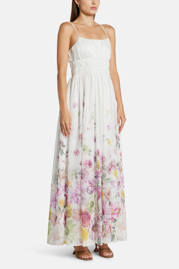 Fleur Patterned Linen Maxi Dress in White