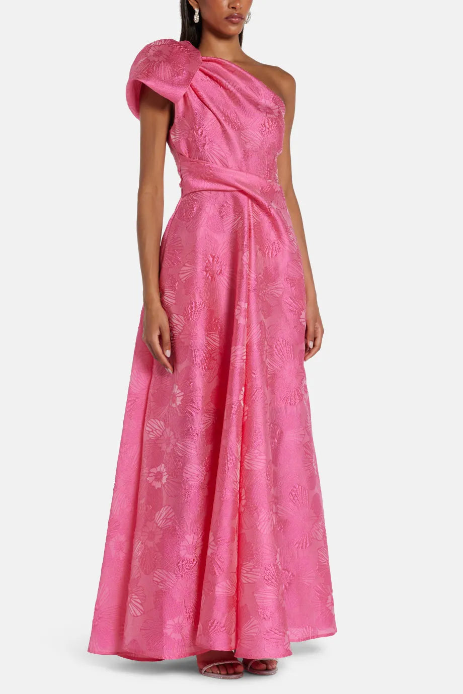 Anemone Jacquard One Shoulder Maxi Dress in Pink