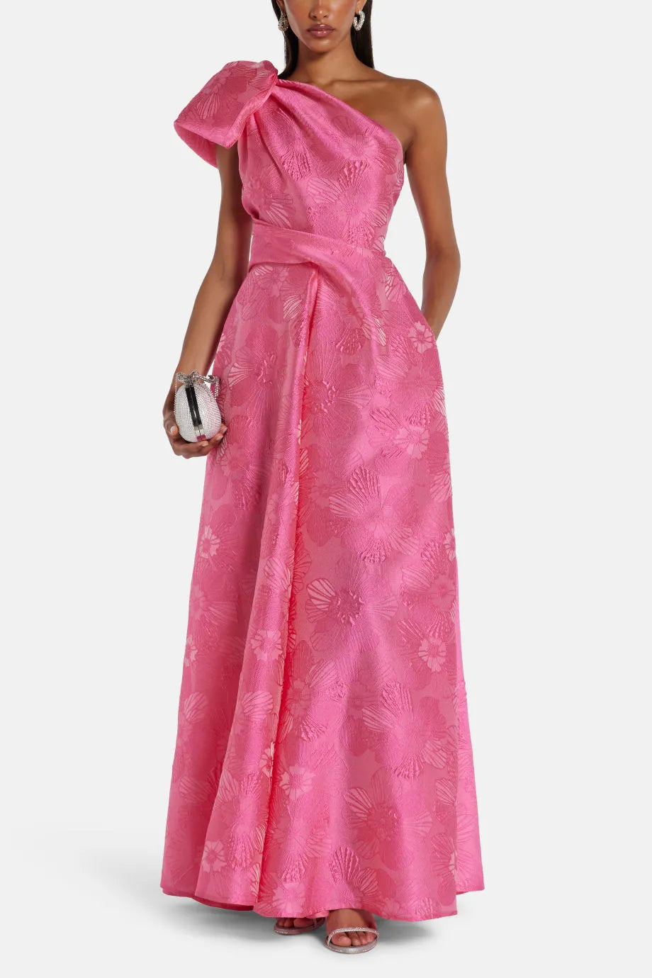 Anemone Jacquard One Shoulder Maxi Dress in Pink