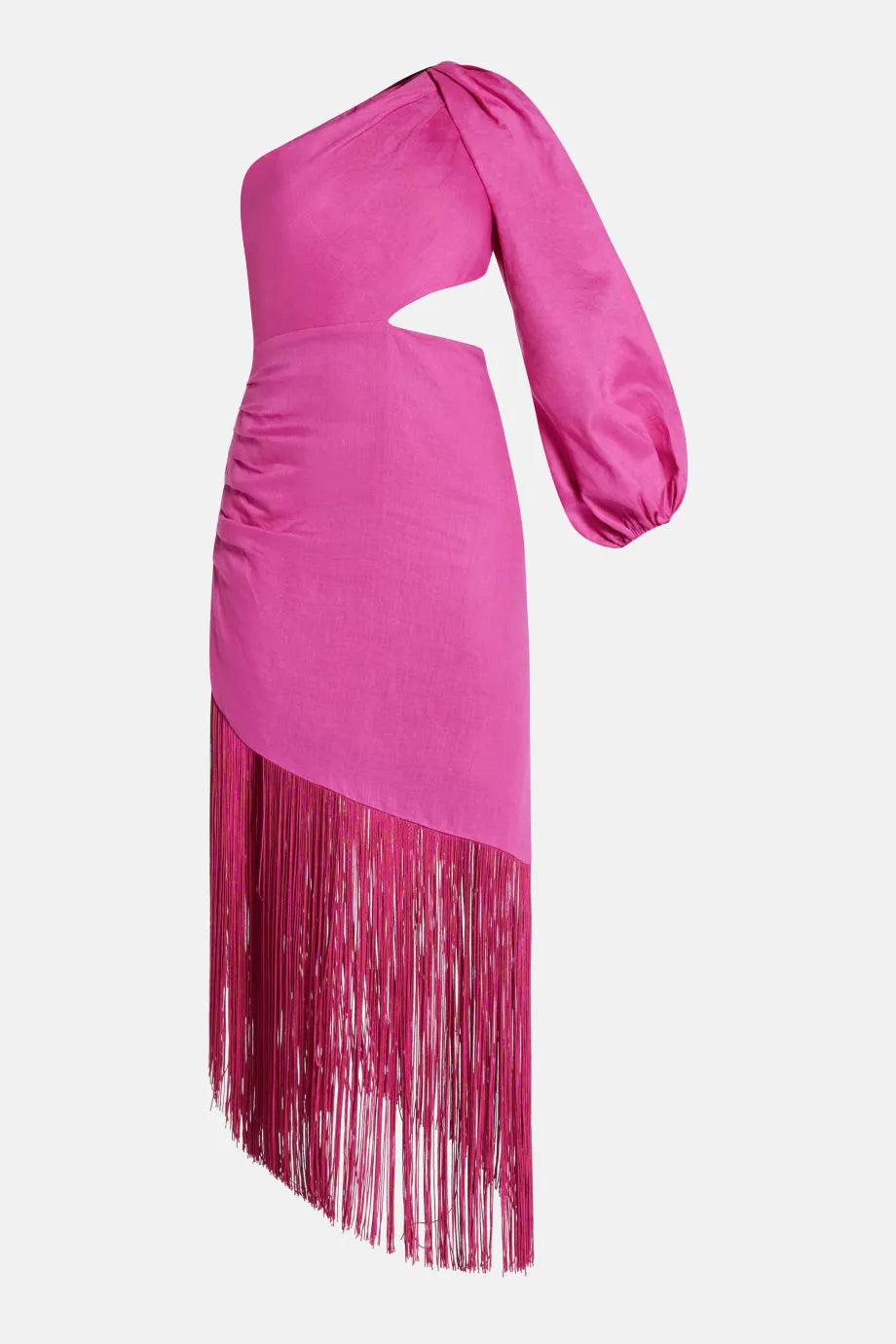 One Shoulder Midi Dress With Fringing in Pink