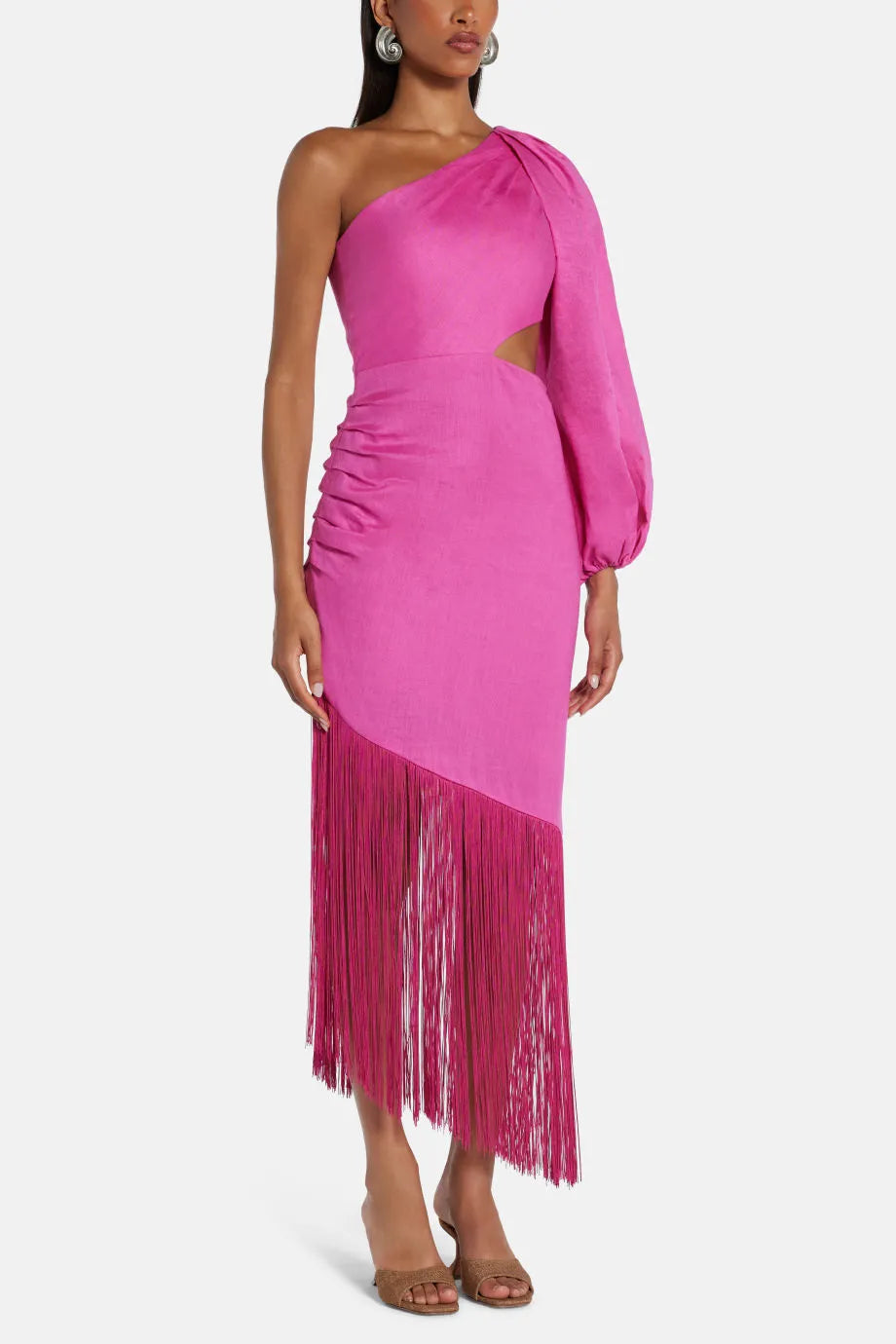 One Shoulder Midi Dress With Fringing in Pink