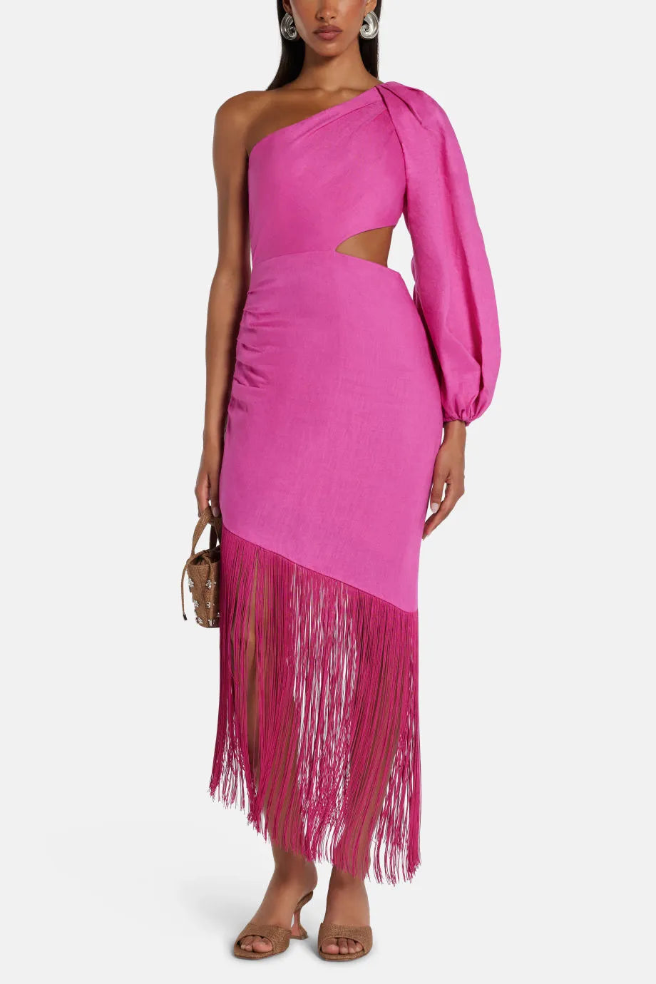One Shoulder Midi Dress With Fringing in Pink
