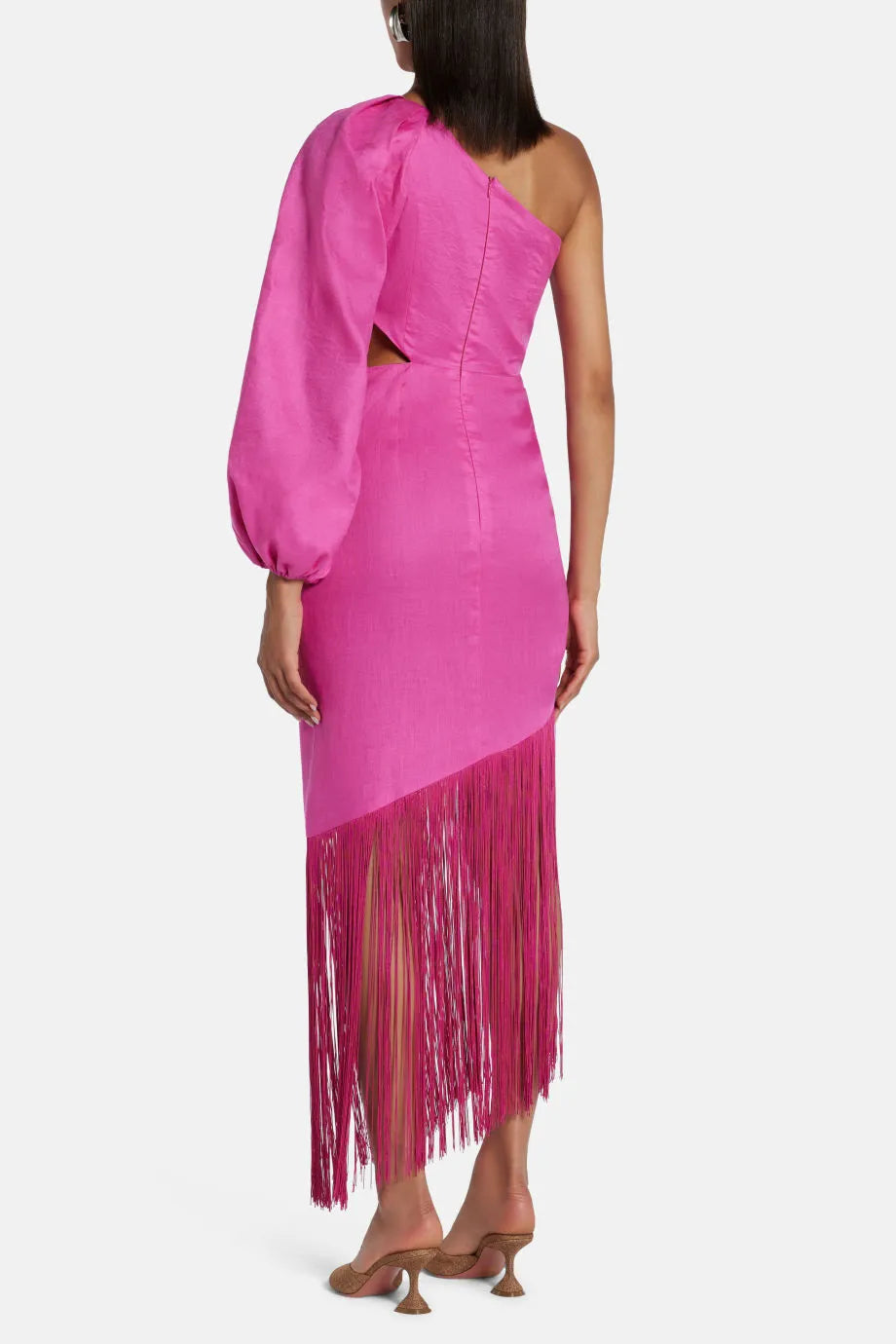 One Shoulder Midi Dress With Fringing in Pink