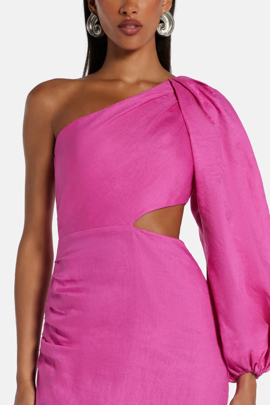 One Shoulder Midi Dress With Fringing in Pink