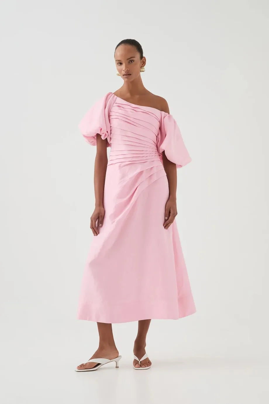 Cadence Ruched Midi Dress with Asymmetrical Neckline in Pink
