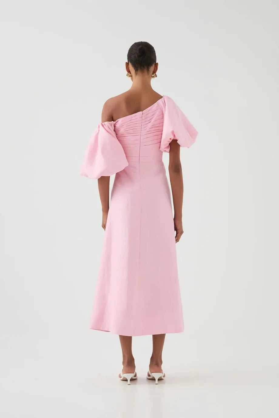Cadence Ruched Midi Dress with Asymmetrical Neckline in Pink
