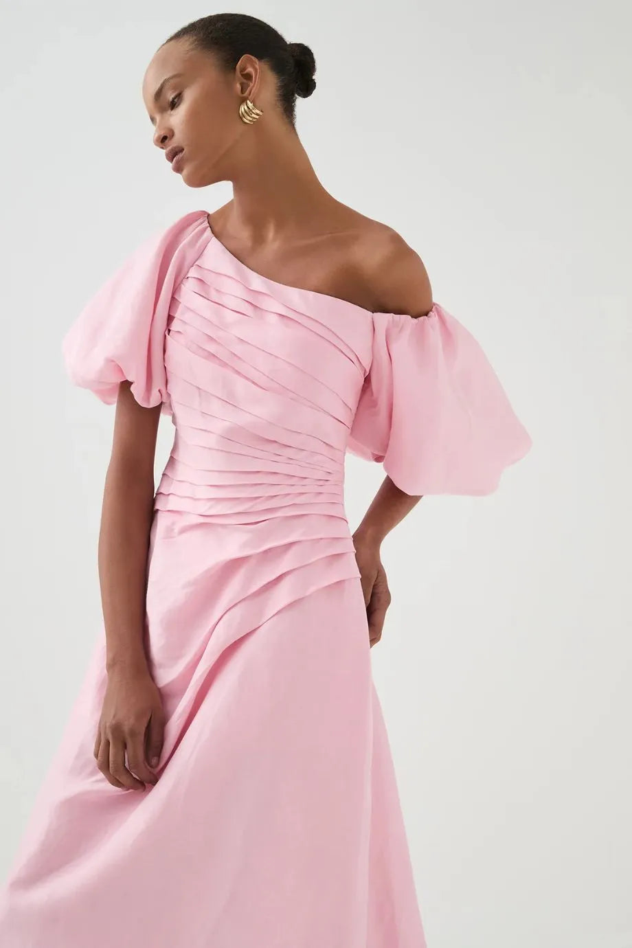 Cadence Ruched Midi Dress with Asymmetrical Neckline in Pink
