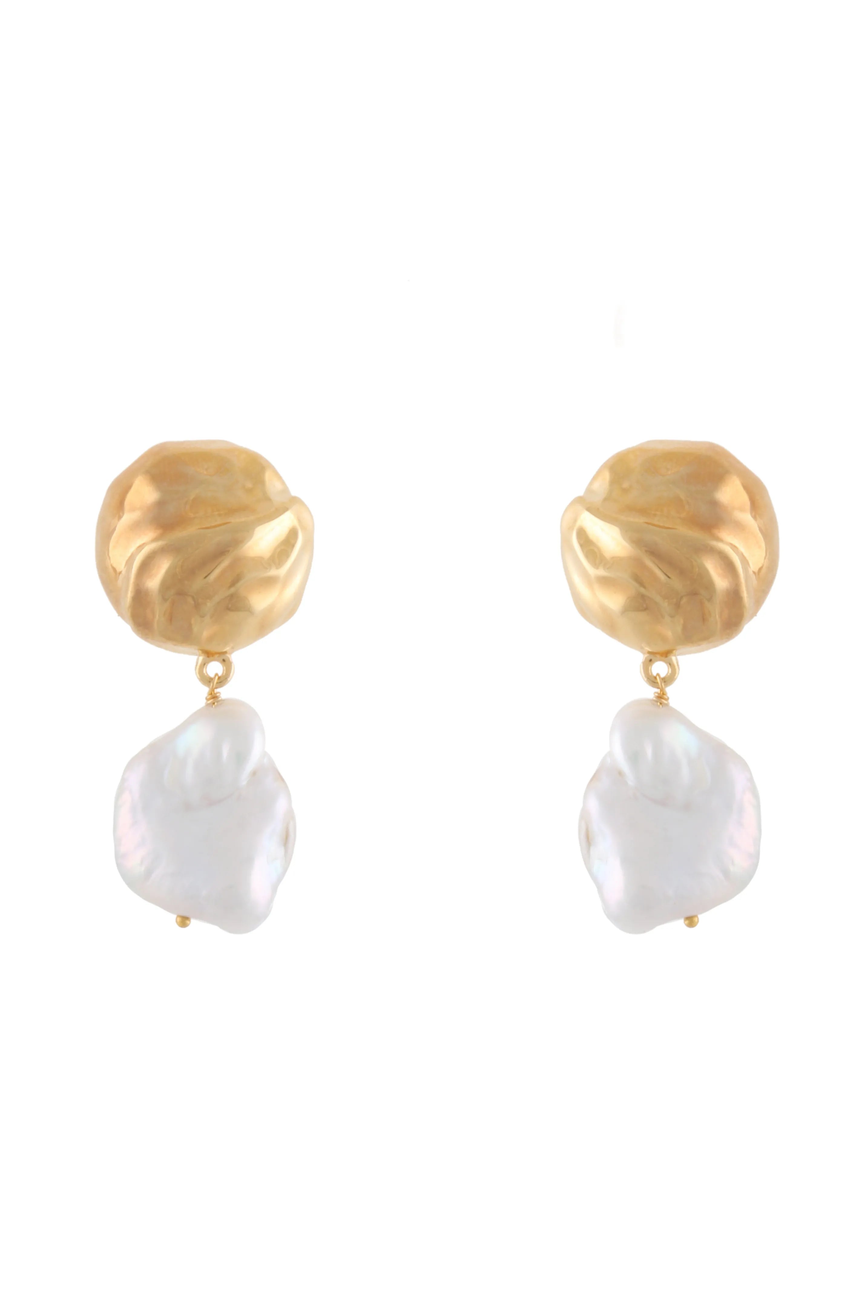 Medium Orbs Earrings With Dangling Baroque White Pearl in Gold