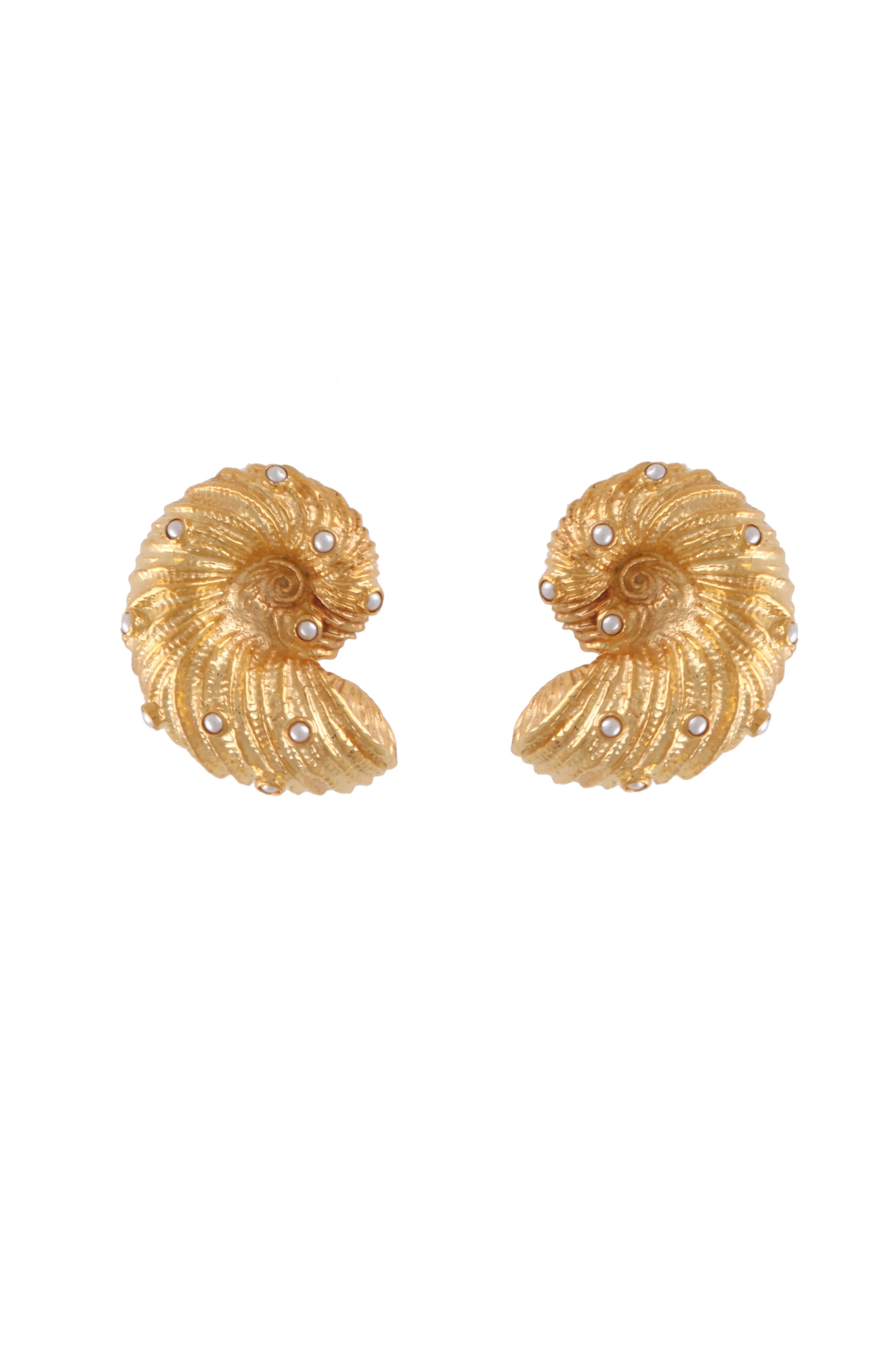 Seashell Stud Earrings With Mini White Pearls in Gold