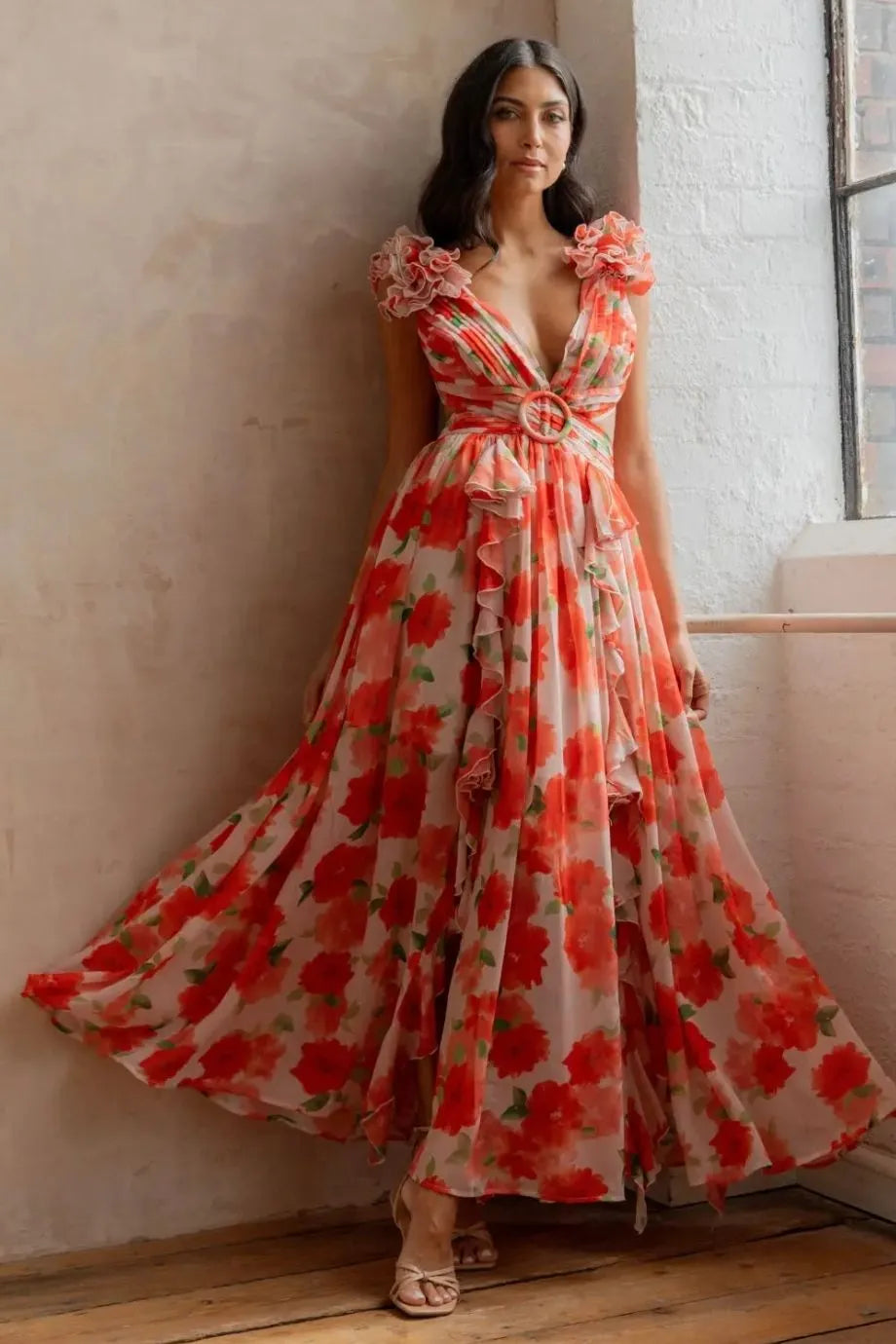 Cassini Flutter Sleeve Cut Out Ruffle Lace Back Maxi Dress in Orange