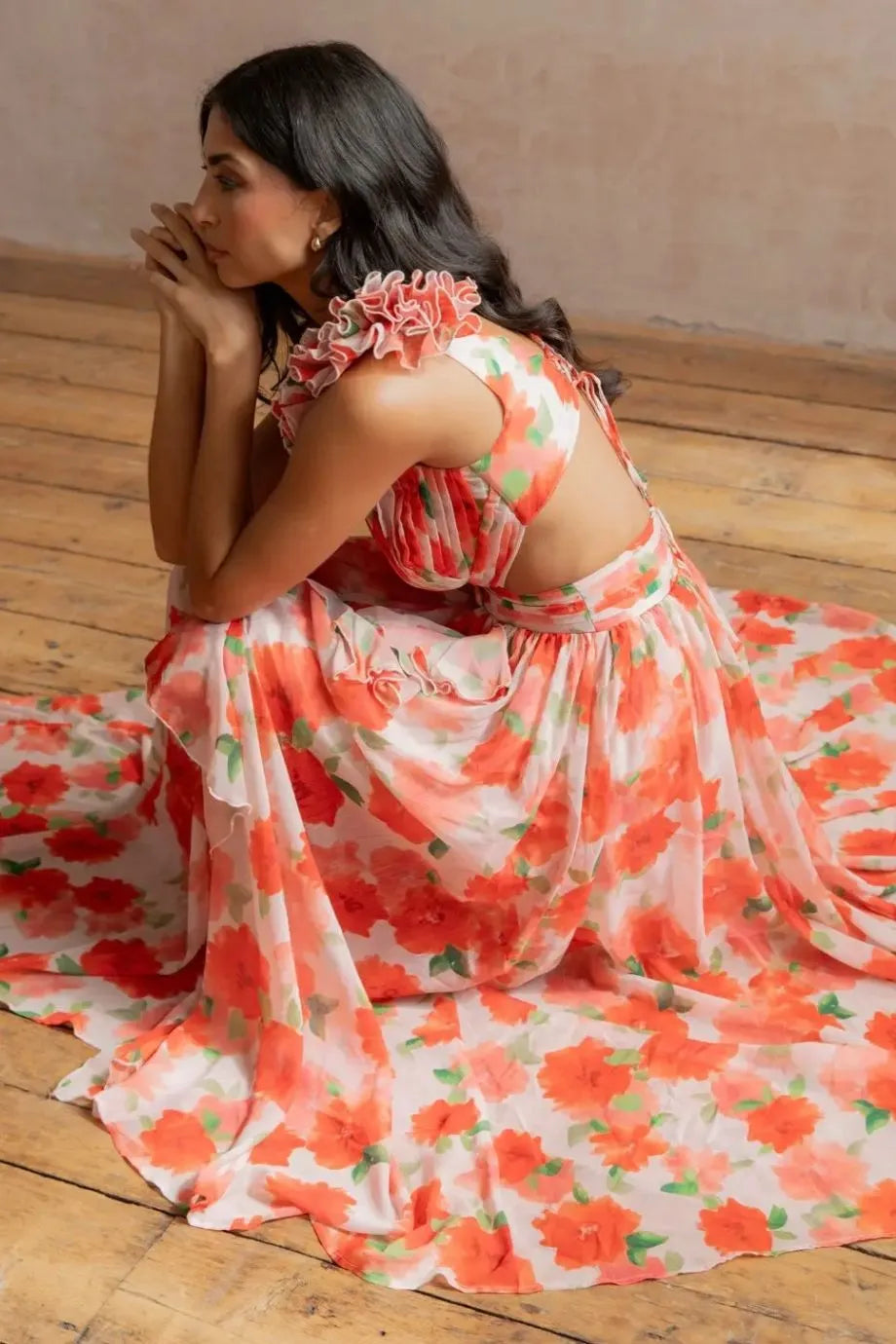 Cassini Flutter Sleeve Cut Out Ruffle Lace Back Maxi Dress in Orange