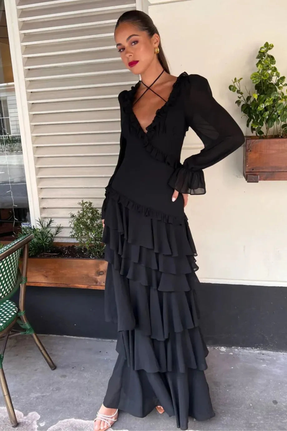 Ruffle Tiered Low Back Maxi Dress in Black