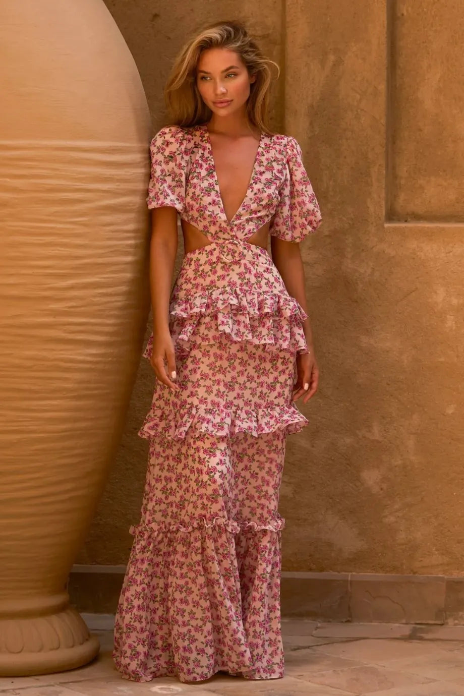 Cassini Ruffle Tiered Cut Out Maxi Dress in Pink