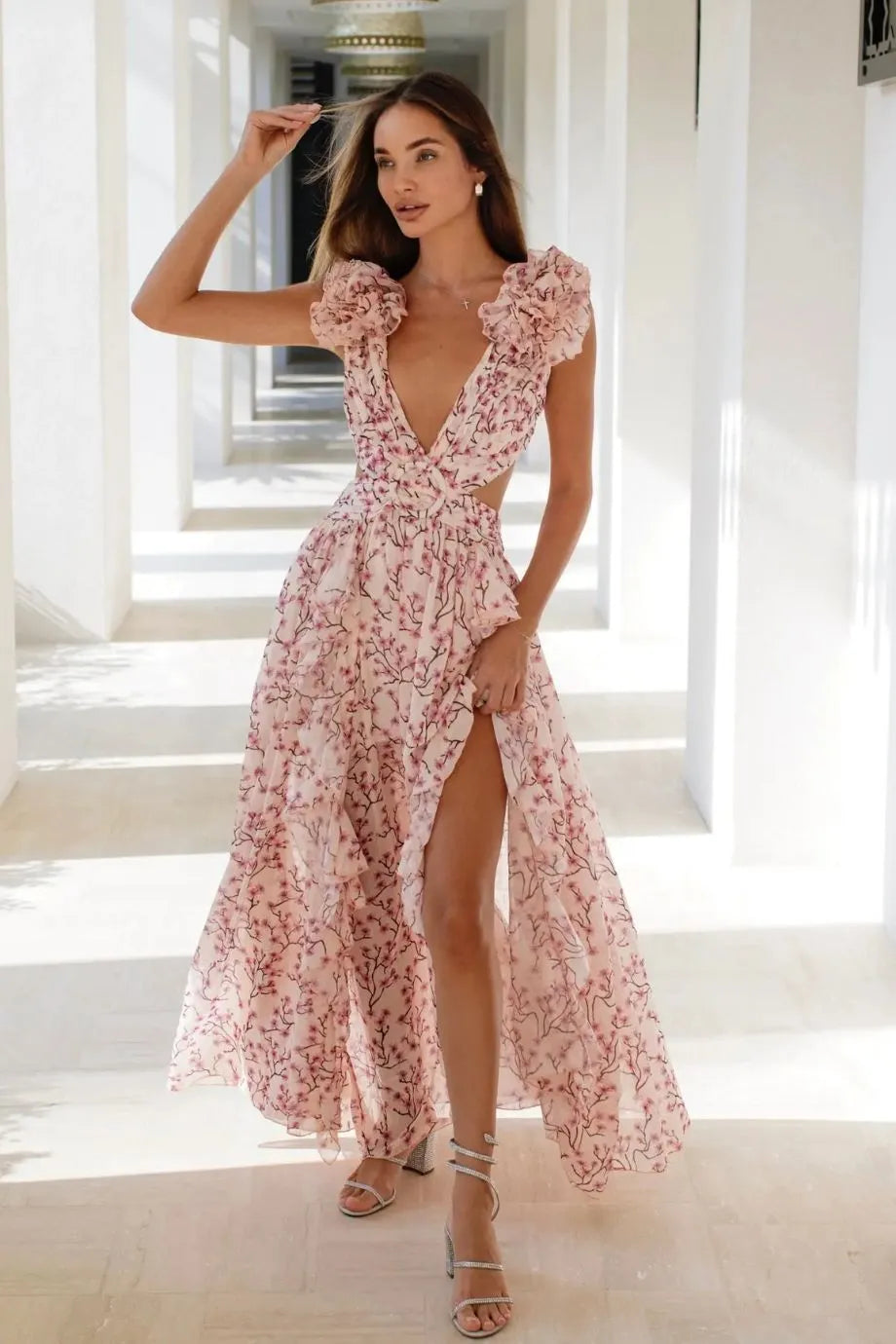 Cassini Flutter Sleeve Cut Out Lace Back Maxi Dress in Pink