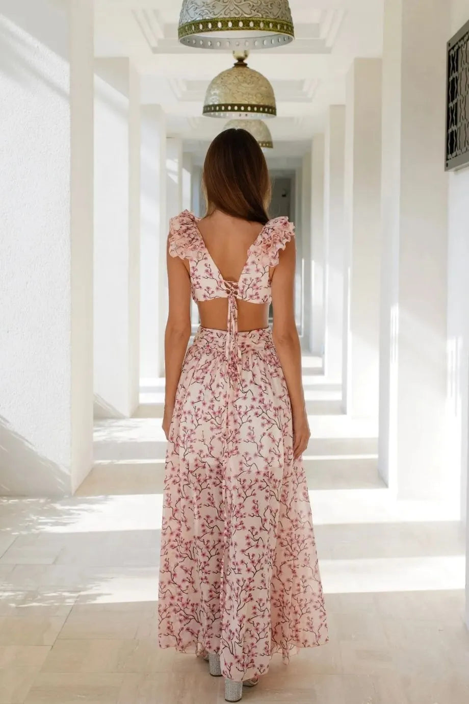 Cassini Flutter Sleeve Cut Out Lace Back Maxi Dress in Pink