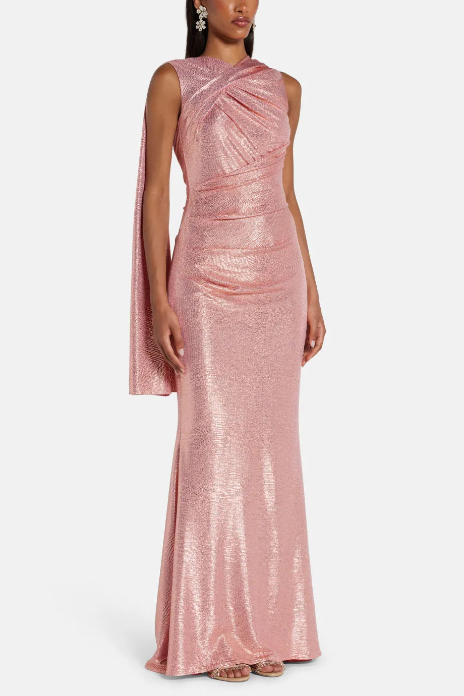 Shimmer Sleeveless Cape Evening Gown in Pink