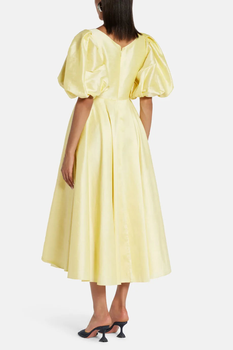 Puff Sleeves Cut Out Midi Dress in Yellow