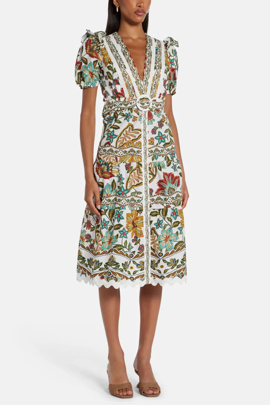 Botanicals Patterned Cotton Midi Dress in Green and White