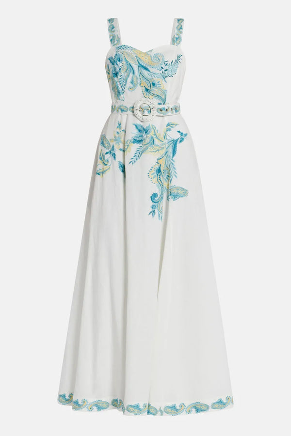 Amari Floral Sleeveless Belted Linen Maxi Dress in White and Blue