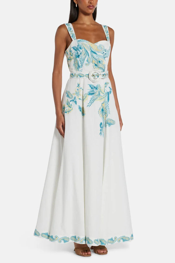 Amari Floral Sleeveless Belted Linen Maxi Dress in White and Blue