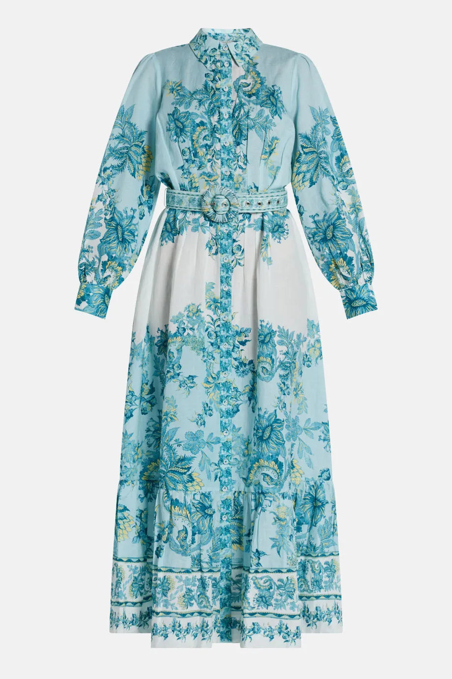 Amari Floral Belted Linen Maxi Dress in Blue