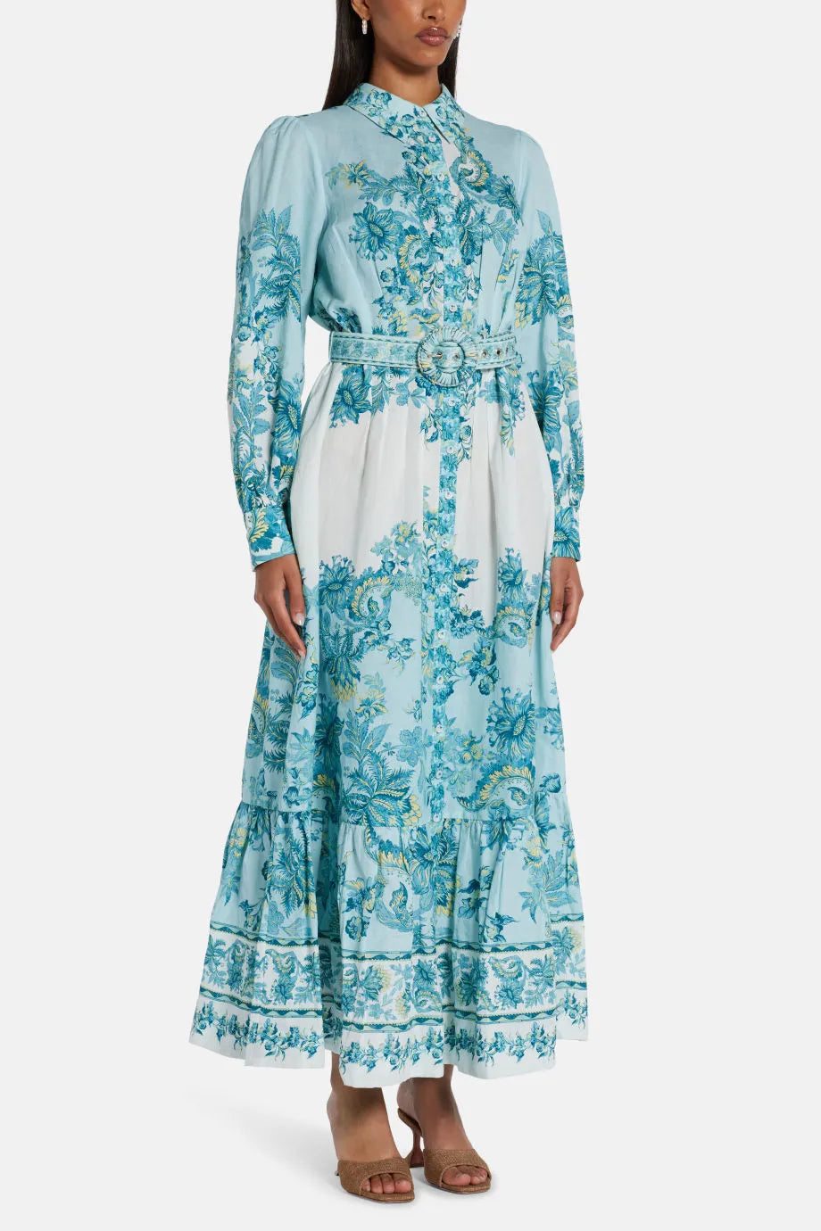Amari Floral Belted Linen Maxi Dress in Blue