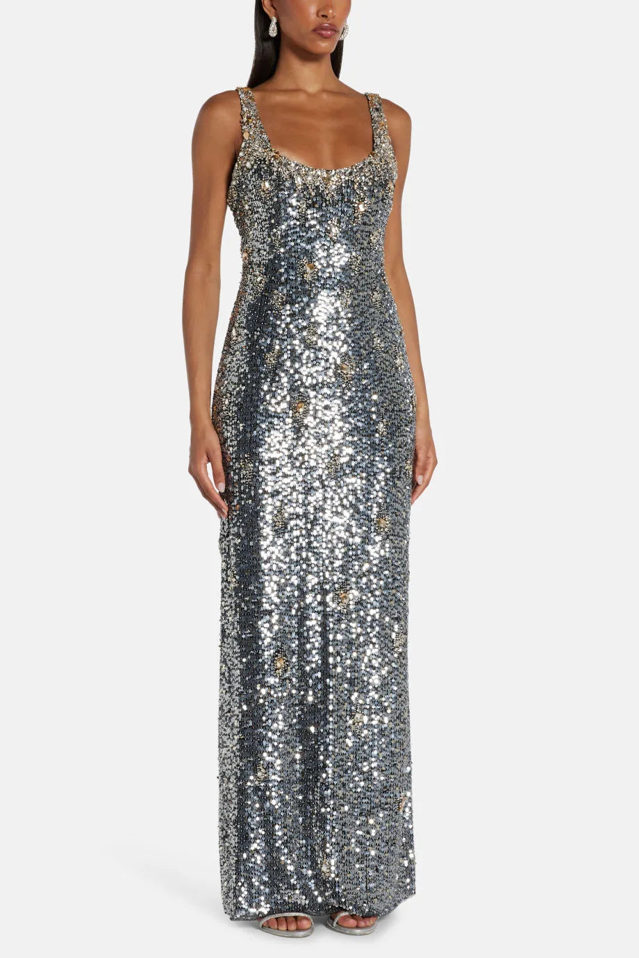 Ezra Embellished Sleeveless Evening Gown in Silver