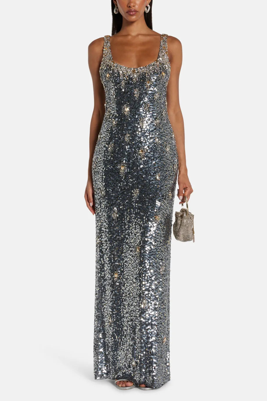 Ezra Embellished Sleeveless Evening Gown in Silver