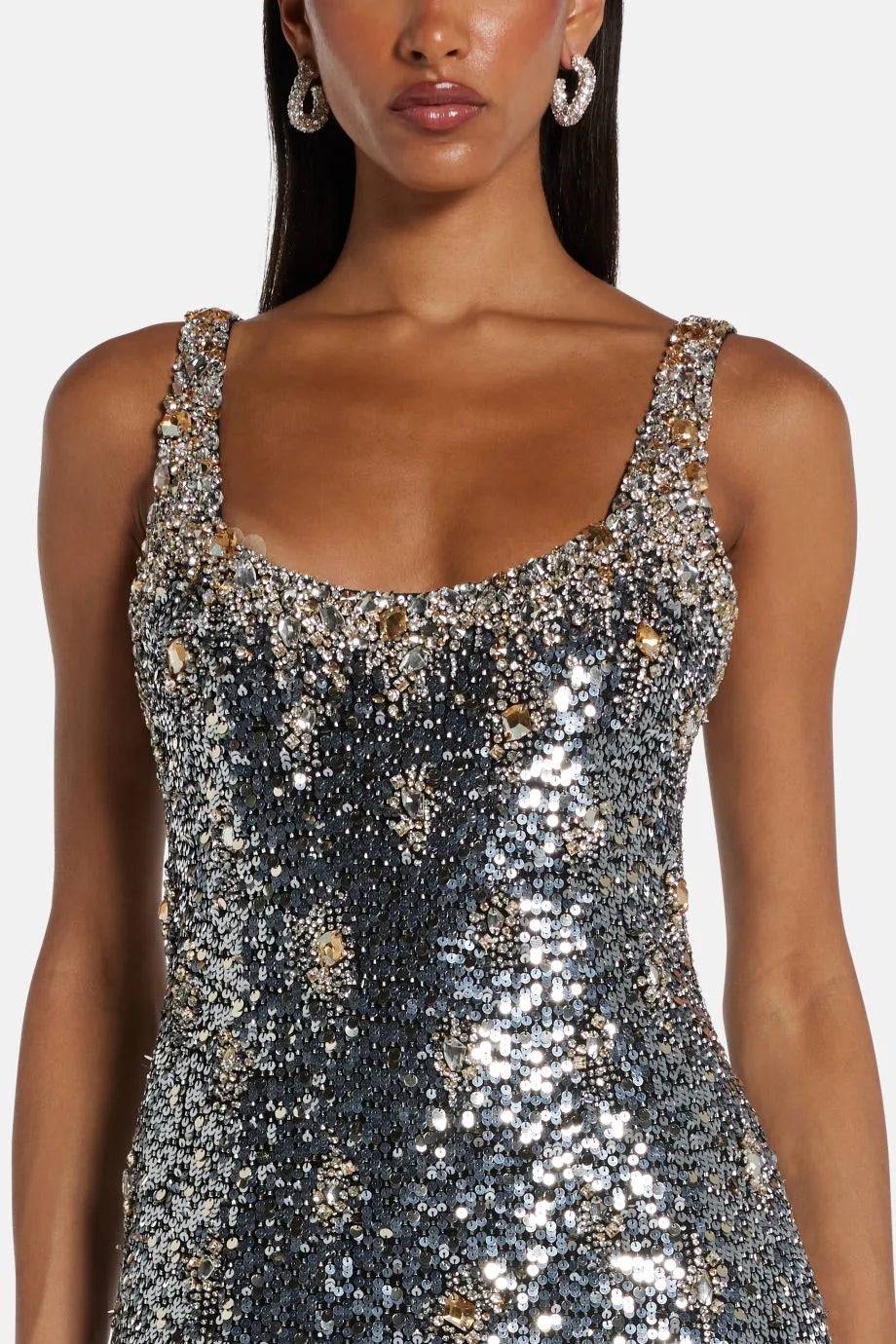 Ezra Embellished Sleeveless Evening Gown in Silver