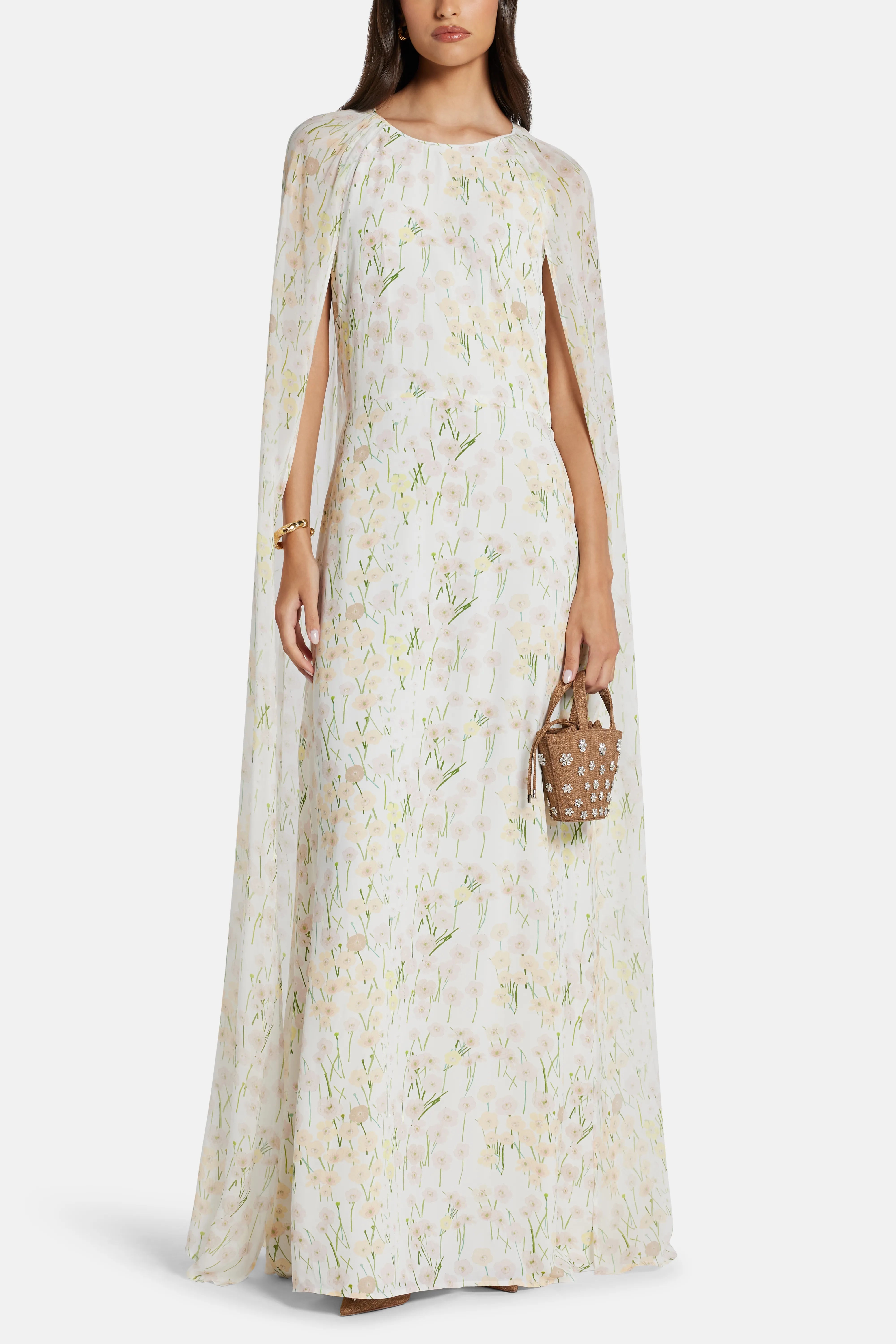 Mina Cape Floral Patterned Backless Maxi Dress in White