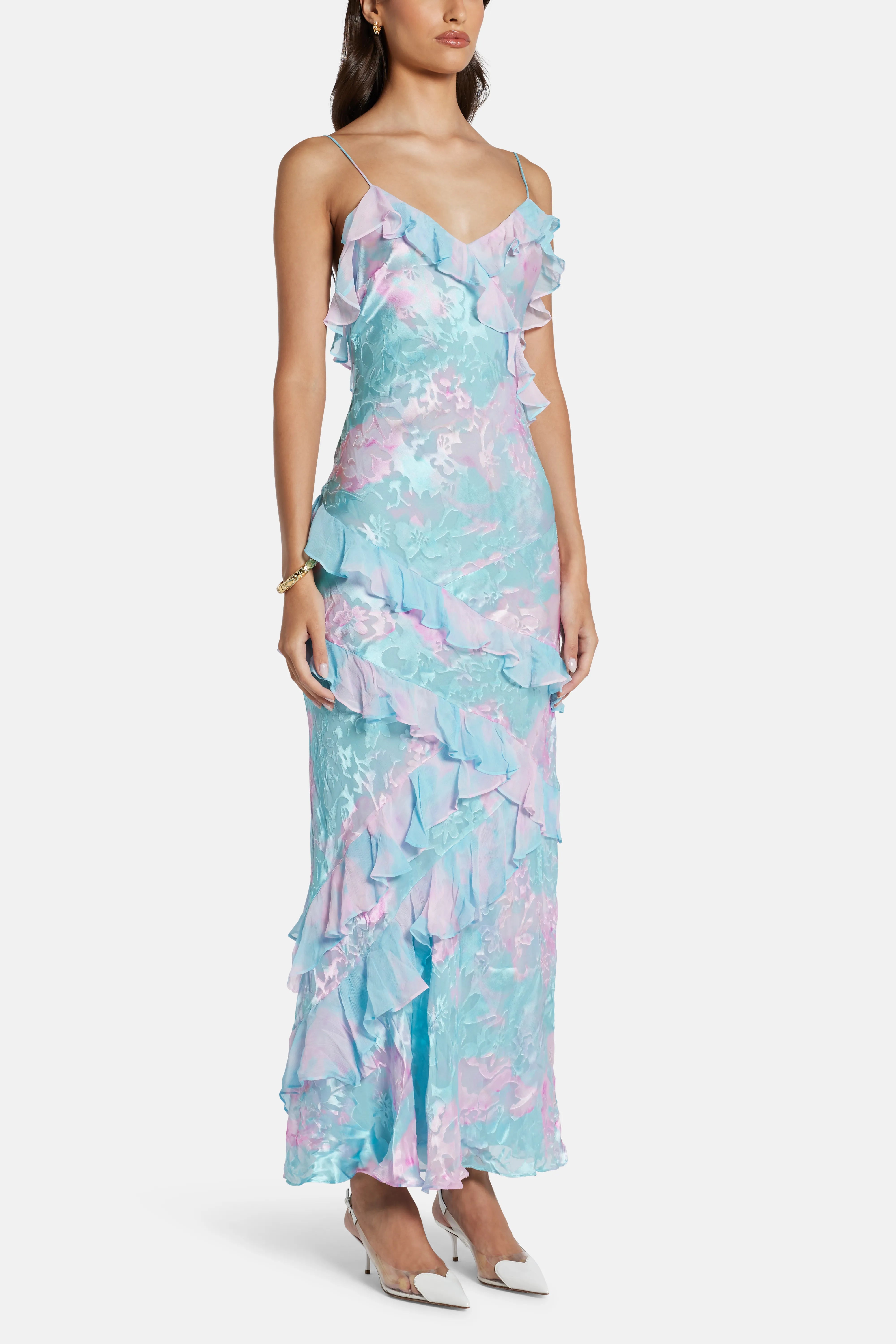Rialto Floral Ruffle Sleeveless Maxi Dress in Blue