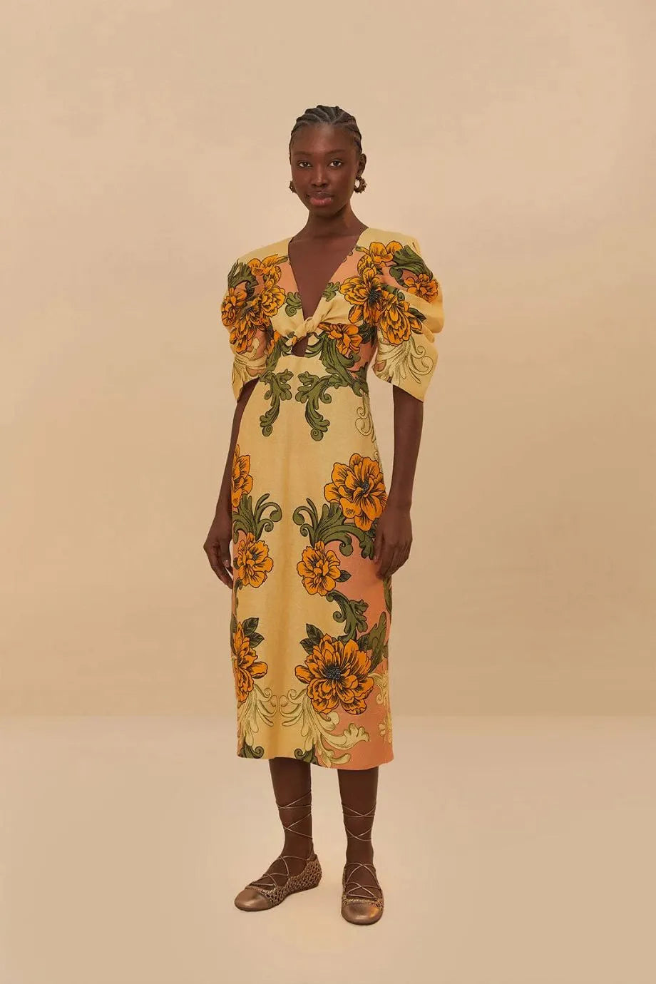 Delicate Floral Arabesques Linen Midi Dress in Yellow