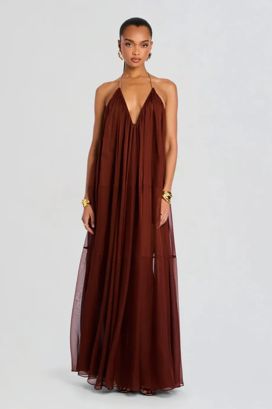 Arlet V Neck Chiffon Maxi Dress in Brown