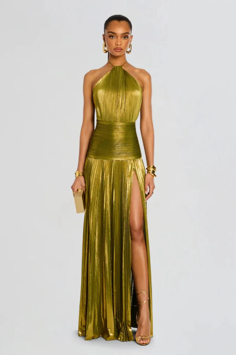 Thalia Mettalic Halter Neck Maxi Dress in Green