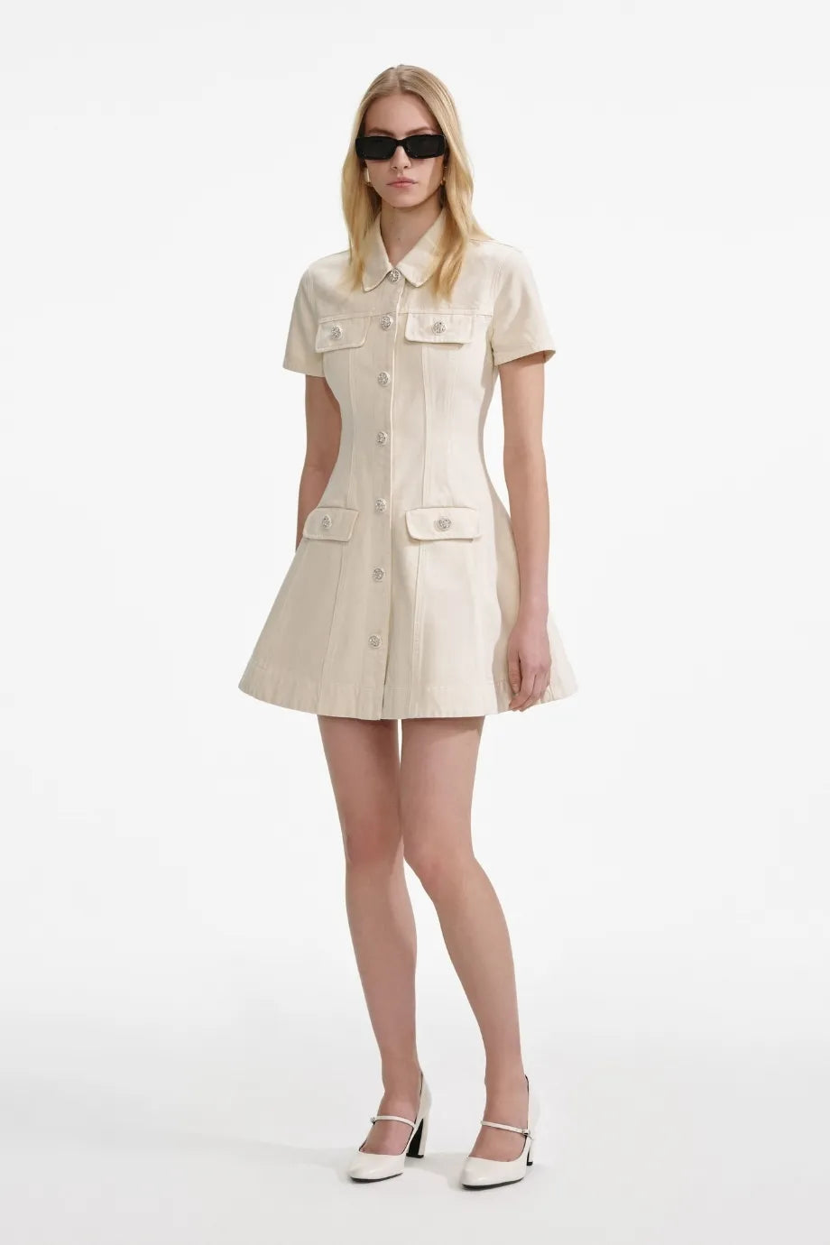 Collared Cotton Denim Mini Dress in Cream