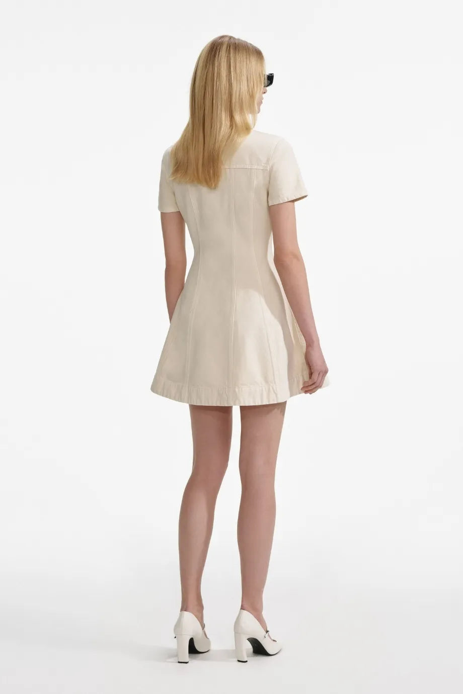 Collared Cotton Denim Mini Dress in Cream