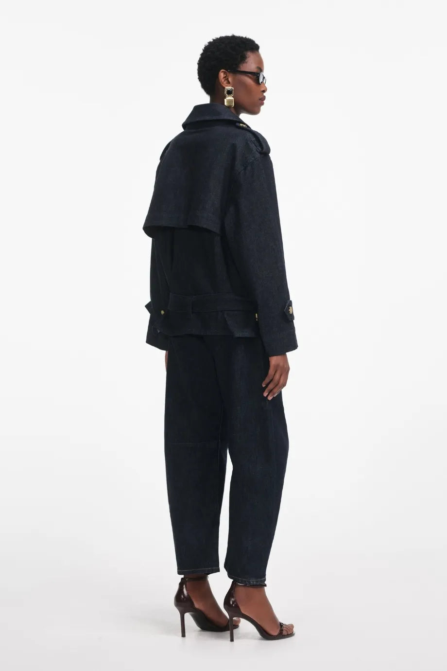 Double Breasted Cotton Denim Trench Jacket in Blue