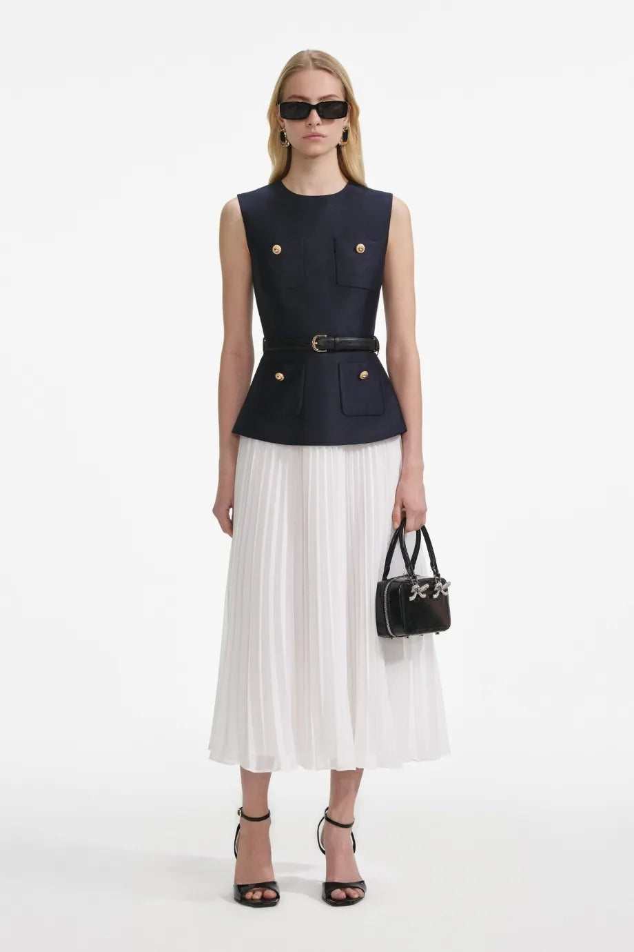 Taffeta Sleeveless Belted Midi Dress in Blue and White