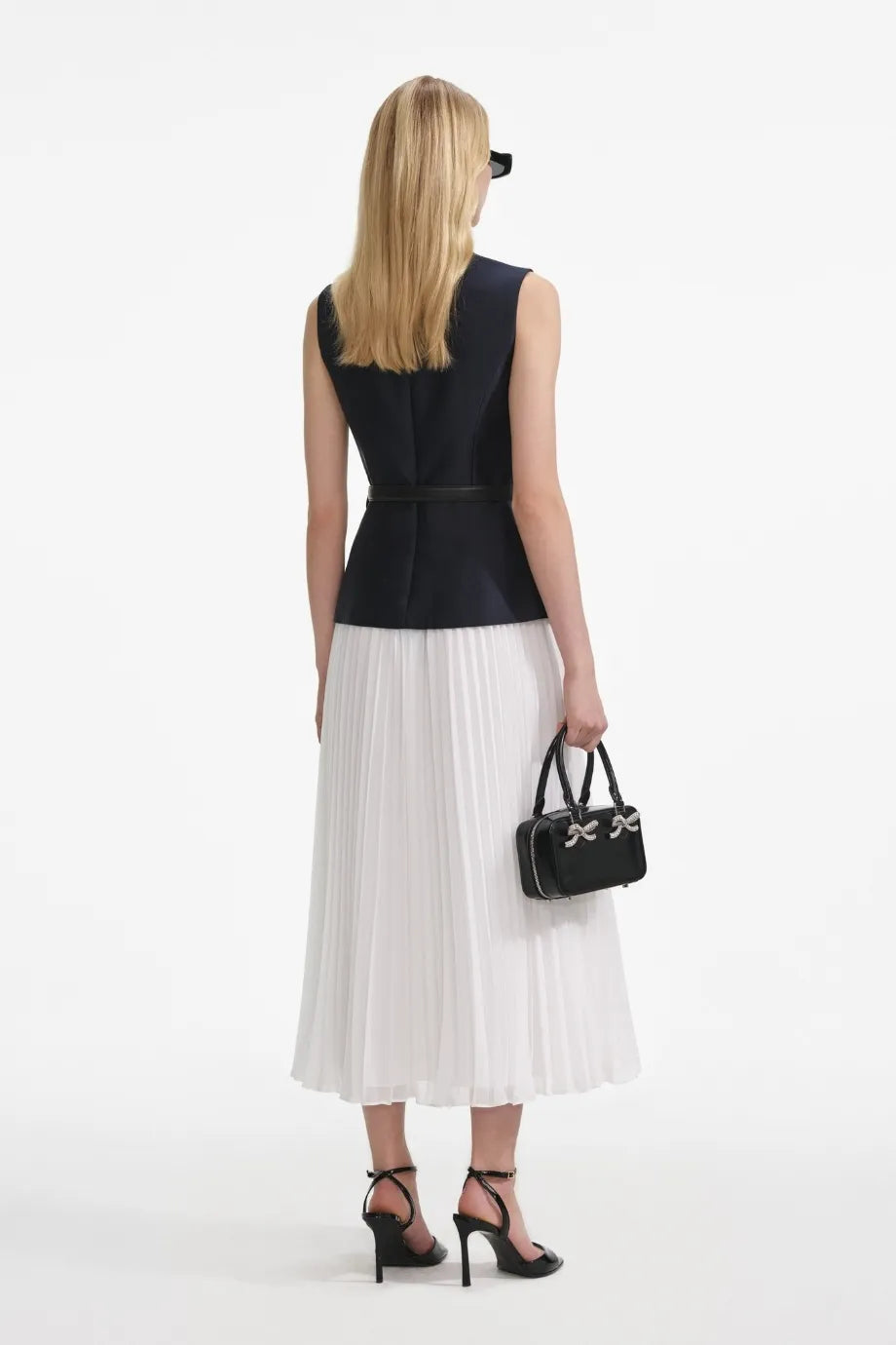 Taffeta Sleeveless Belted Midi Dress in Blue and White