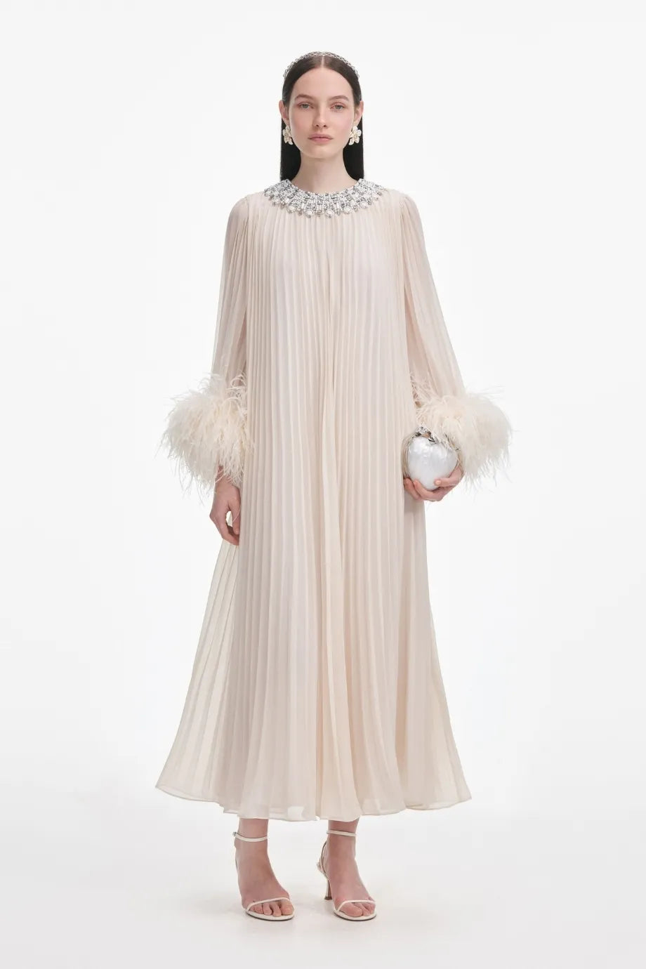 Chiffon Feather Evening Dress in Cream