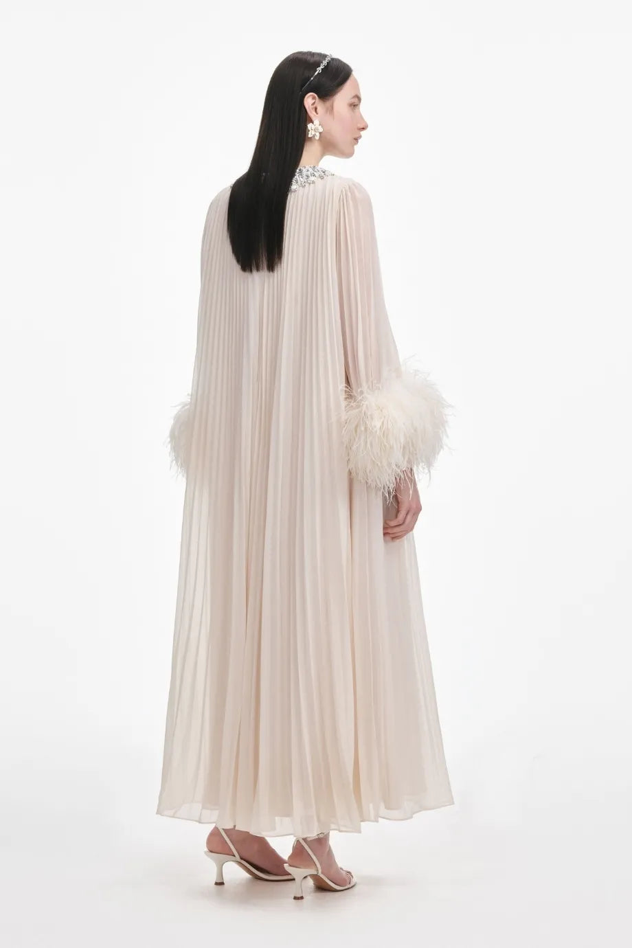 Chiffon Feather Evening Dress in Cream