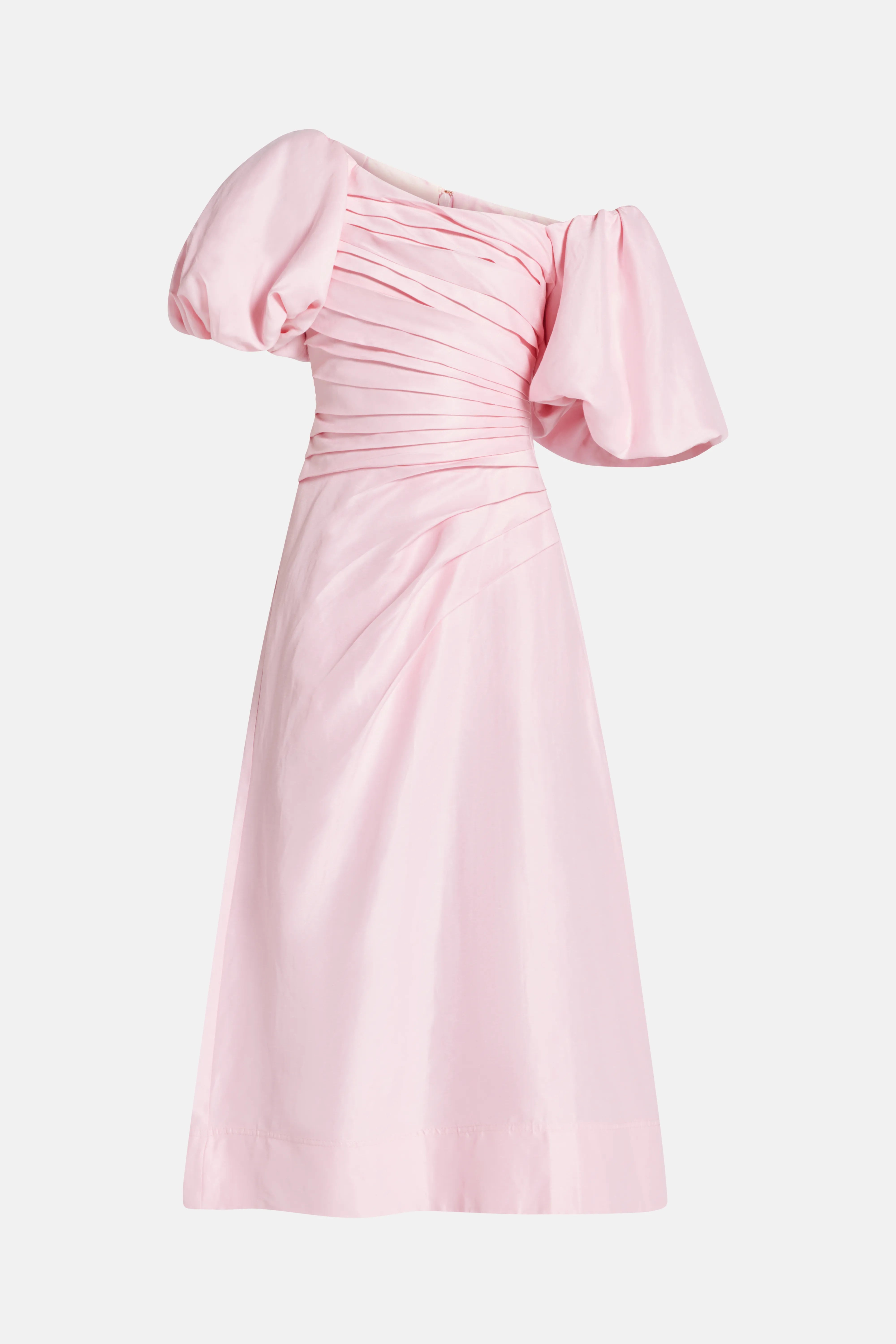Cadence Ruched Midi Dress with Asymmetrical Neckline in Pink
