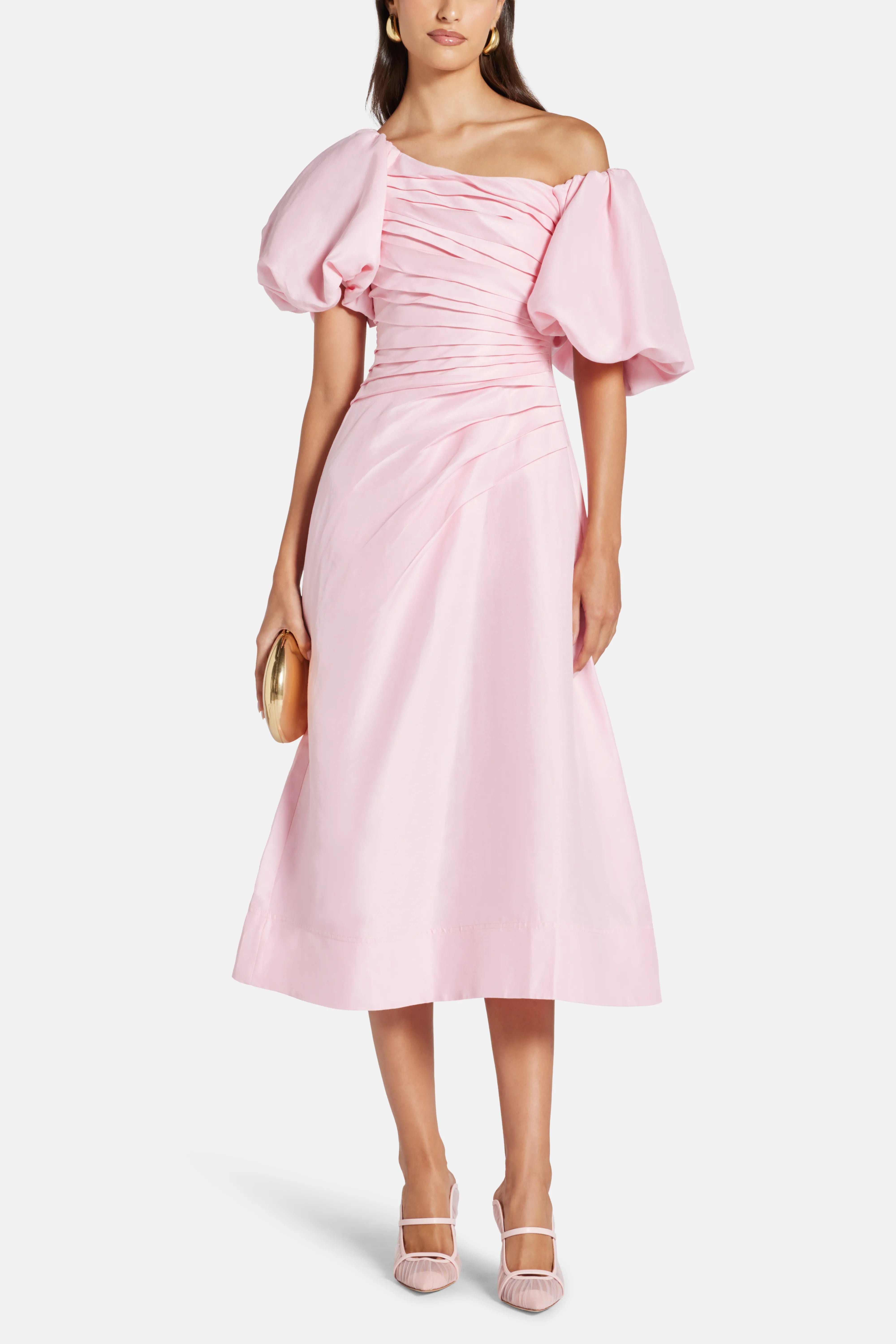 Cadence Ruched Midi Dress with Asymmetrical Neckline in Pink